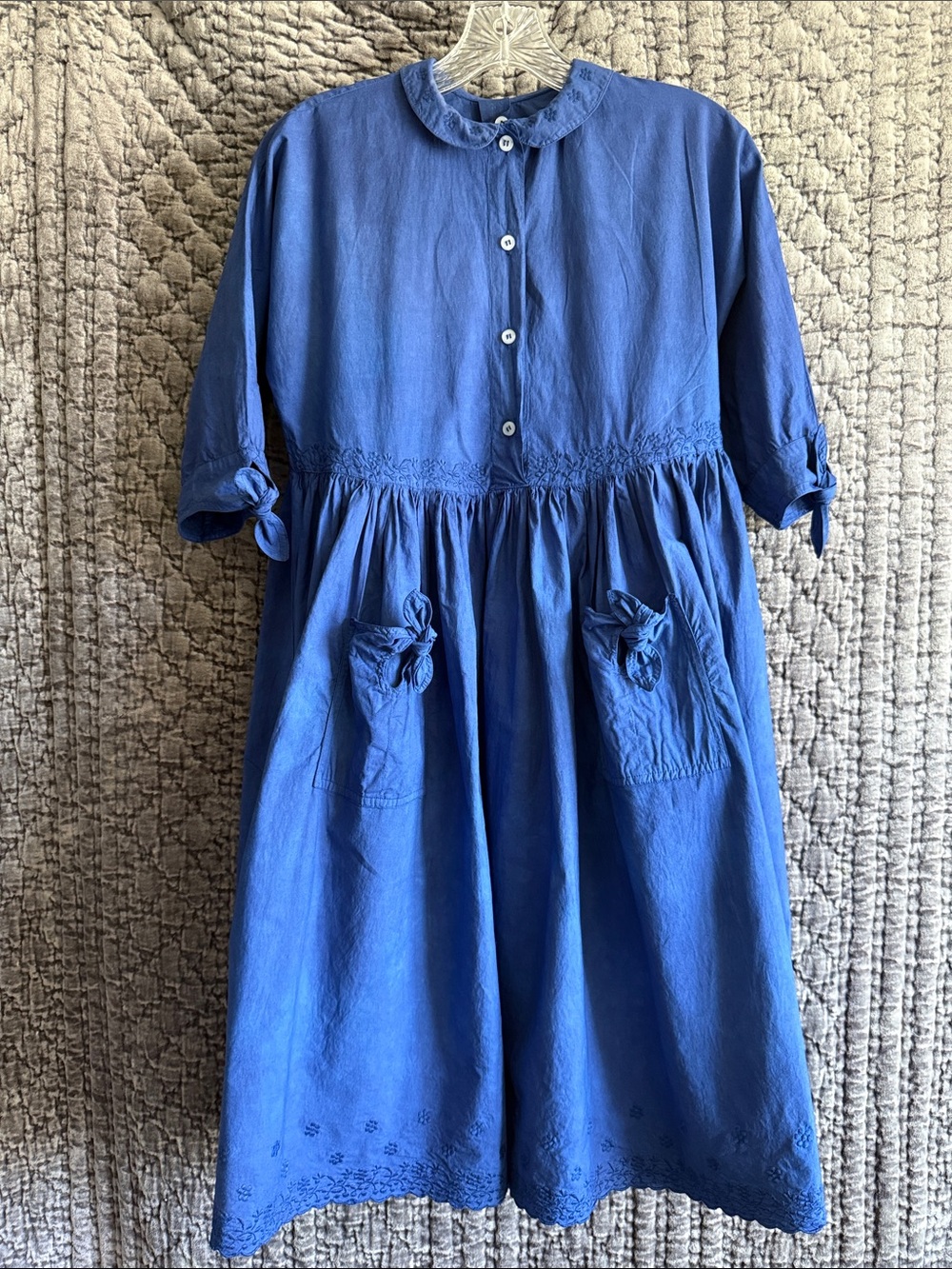 Oilily Blue 100% Cotton Button-Front Dress with Pocket Bows